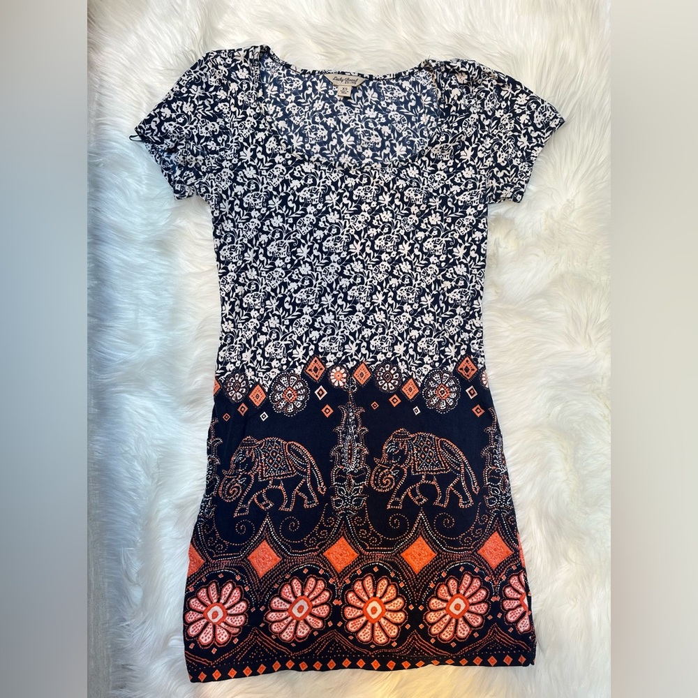 Lucky Brand Navy and Orange Elephant Print Mini Dress
